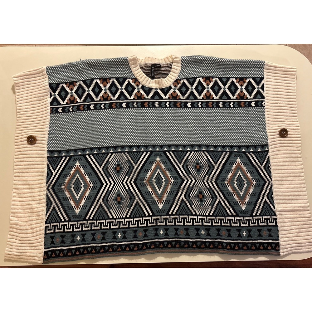 Ethyl Aztec Geometric Knit Sweater Vest Poncho Ivory Ribbed‎ Button OSFM